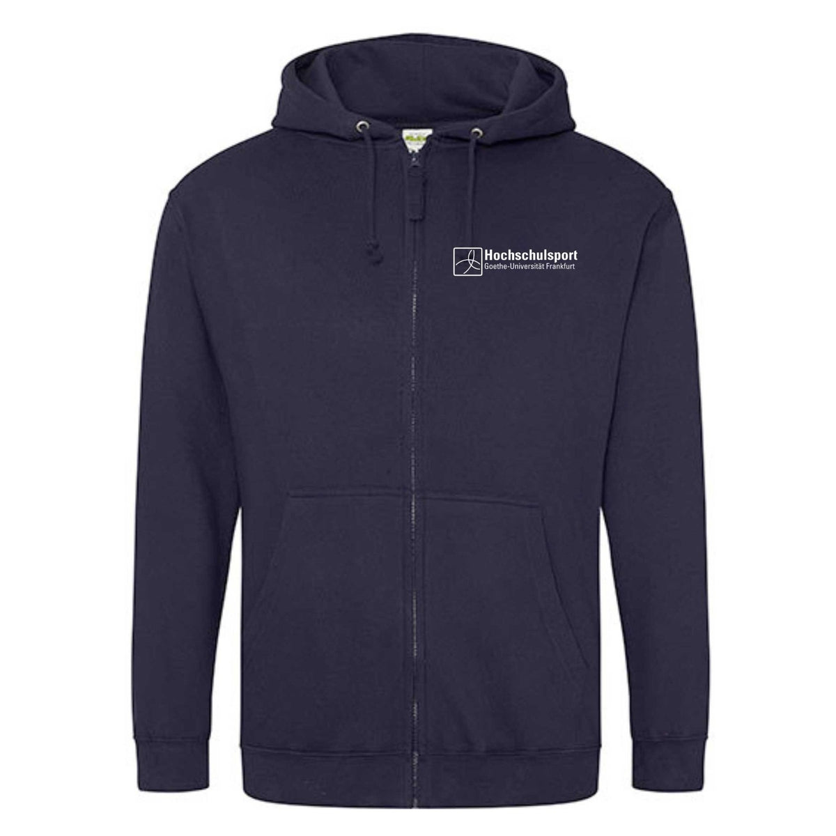 Hochschulsport Zip-Hoodie Navy – Vorderseite mit Logo auf der Brust