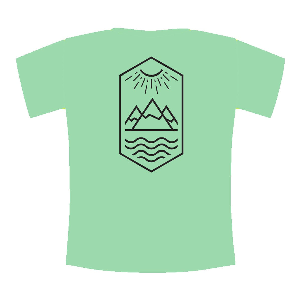 Exkursionsshirt Dusty Mint – Rückenmotiv Berge und Wellen